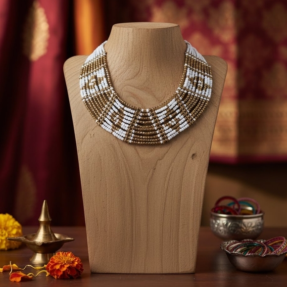 Handmade White Gold Beaded Layered Necklace Indian Artisan Statement Jewelry‎ - Picture 4 of 11